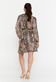 Long-Sleeve Printed Mini Dress with Waist-Cinching Design and A-Line Hem