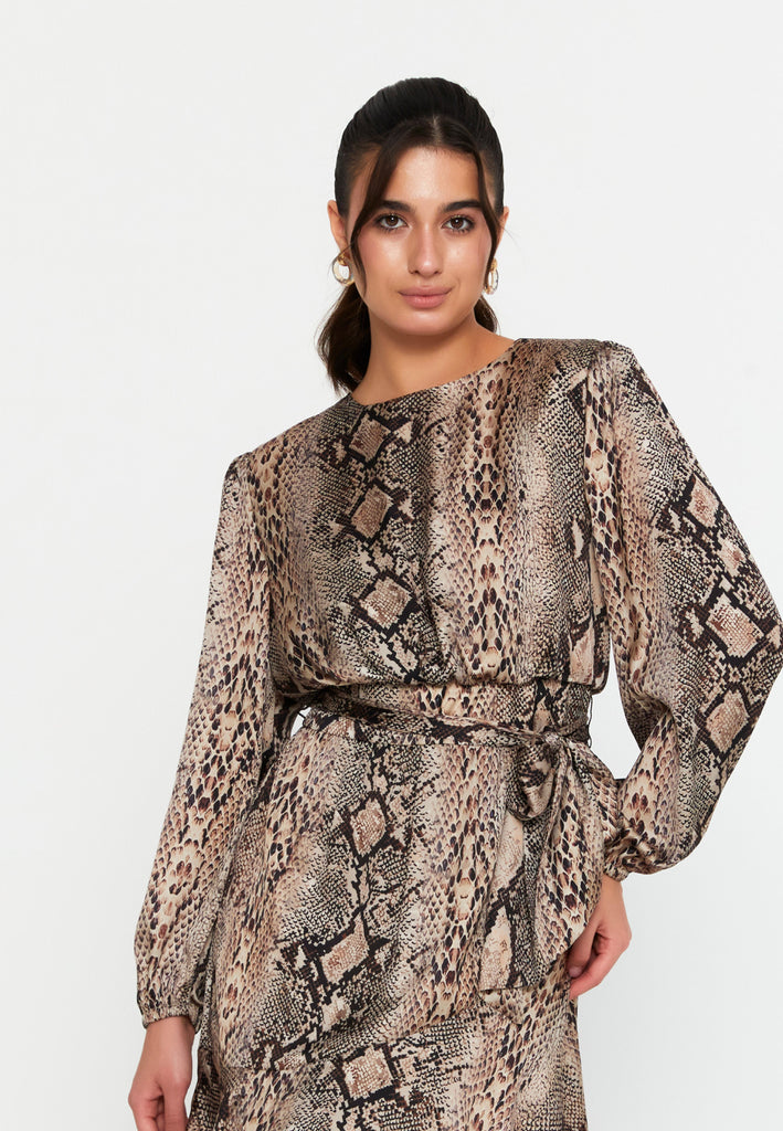 Long-Sleeve Printed Mini Dress with Waist-Cinching Design and A-Line Hem