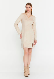 V-Neck Long-Sleeve Mini Dress with Waist Detail and Side Slit Hem