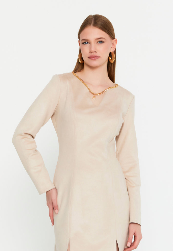 V-Neck Long-Sleeve Mini Dress with Waist Detail and Side Slit Hem