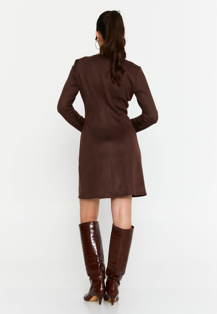 V-Neck Long-Sleeve Mini Dress with Waist Detail and Side Slit Hem