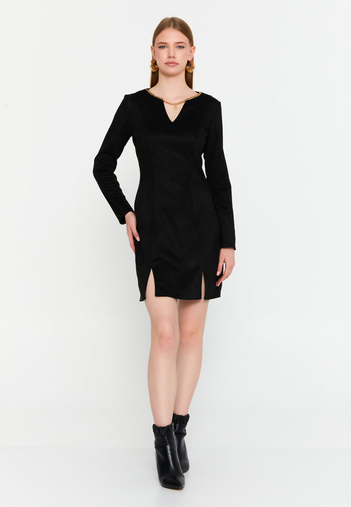 V-Neck Long-Sleeve Mini Dress with Waist Detail and Side Slit Hem