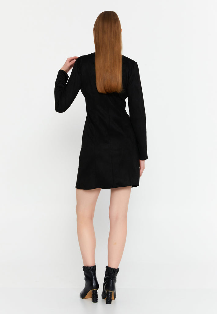 V-Neck Long-Sleeve Mini Dress with Waist Detail and Side Slit Hem