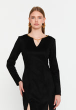 Load image into Gallery viewer, V-Neck Long-Sleeve Mini Dress with Waist Detail and Side Slit Hem
